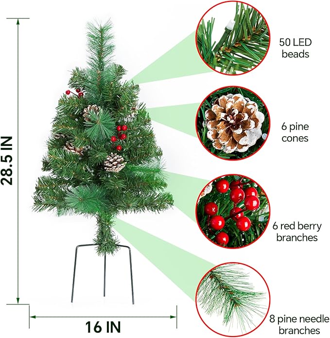 Outdoor Pathway Christmas Trees, 2-Pack 28.5Inch RGB Color Changing Pre-Lit Smart Artificial Pine Tree with Cones, Remote&App Control, Outdoor Christmas Decorations for Porch Yard Walkway