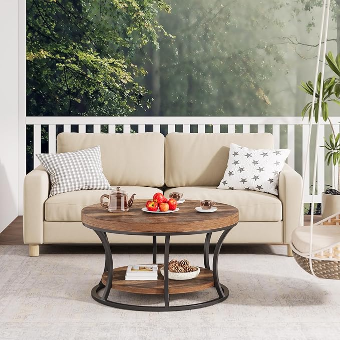 Round Coffee Table for Living Room, 2-Tier Circle Coffee Table with Storage, Accent Center Table Modern Design, Rustic Brown and Black