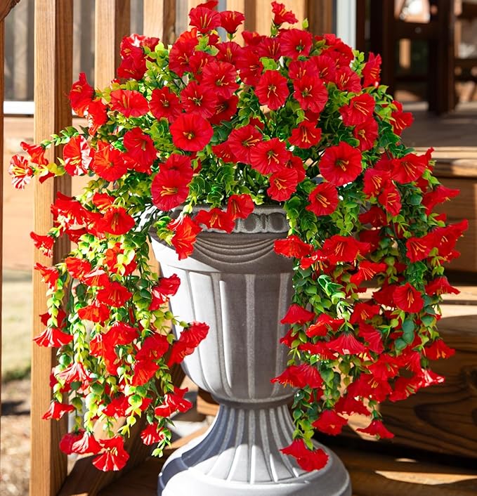 Ivydale 2 PCS Artificial Hanging Flowers Fake Plants Outdoor,Silk Morning Glory Faux Flowers with Eucalyptus Leaves,UV Resistant Realistic Hanging Petunias Plants for Home Garden Decor (Red)