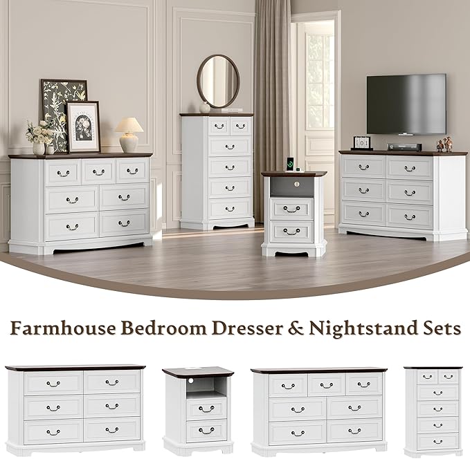 Farmhouse Nightstand with Charging Station, 18" Side Table with 2 Storage Drawers, Rustic Wood Night Stand with Metal Handle, Wooden Bedside End Table Small Dresser for Bedroom, Living Room, White