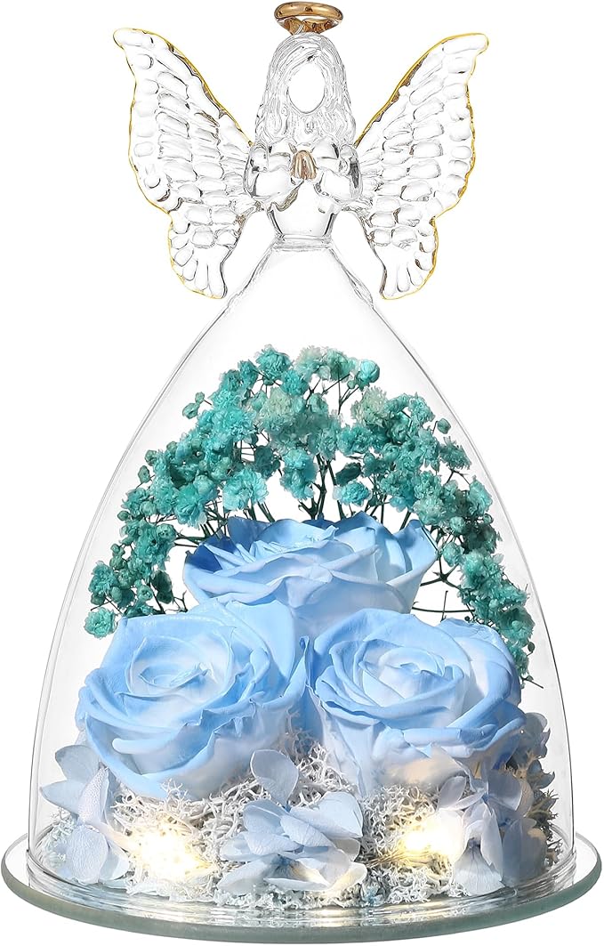 Christmas Rose Gifts for Women Preserved Real Flower in Glass Angel Figurines Roses for Delivery Prime Birthday Gifts for Mom Grandma Girlfriend Wife Her, Sky Blue White