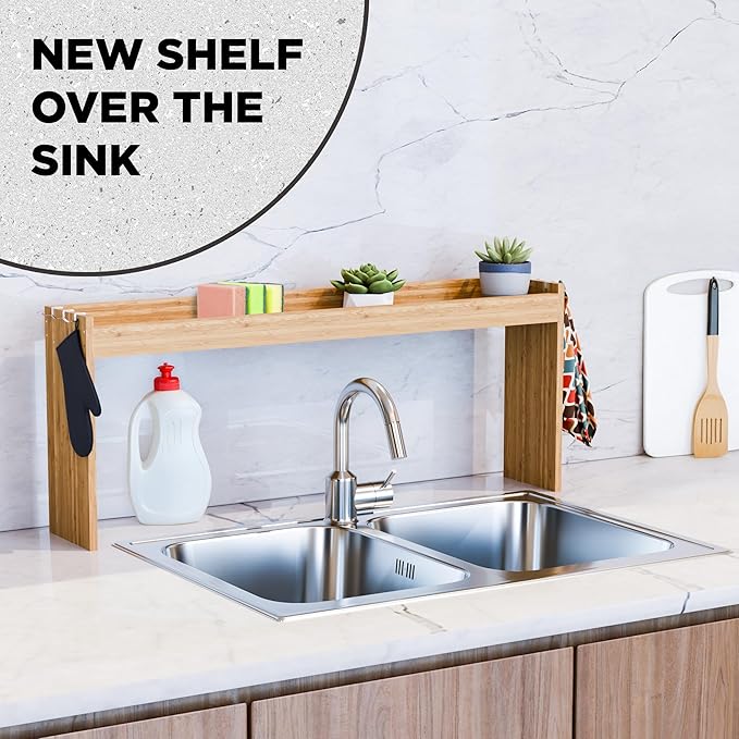 Edgecrest Bamboo Over The Stove or Sink Modern Spice Shelf, No Annoying Middle Screw, 31.5โ Wide Storage, 11.4โ High Countertop Shelf, 6 Side Hooks, Easy to Assemble, Eco-Friendly Durable Material