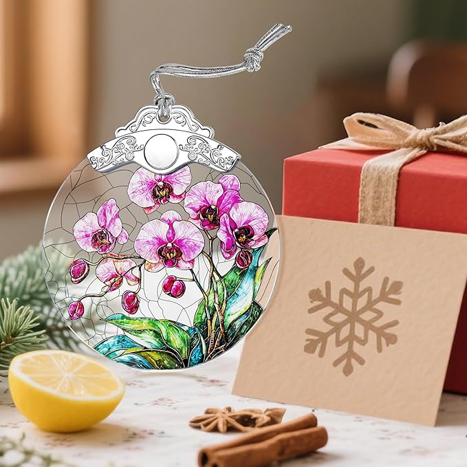 Stained Glass Ornament, Christmas Ornaments, Christmas Decorations for Tree, Holiday Ornament, Gifts for Flower Lovers, Holiday Party Gifts, Gift Ideas & Xmas Gift - Orchid