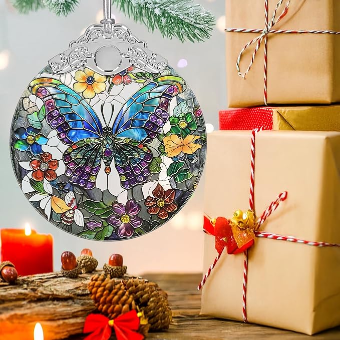 Christmas Decorations Ornaments, Stained Glass Ornament, Christmas Tree Ornaments, 2025 Gift Ornament, Xmas Gift for Friend Family Coworker - Butterfly