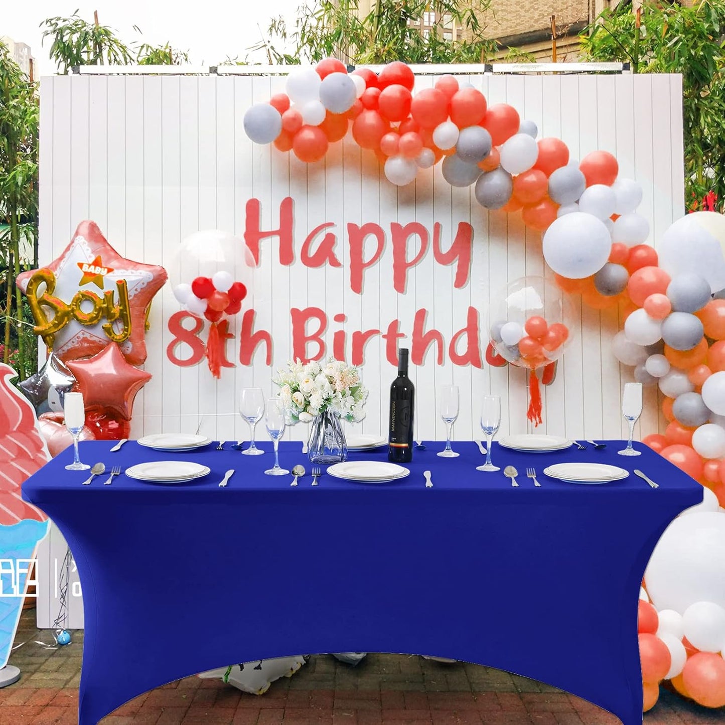SuperO Waterproof Spandex Table Cover for 8FT Table Universal Fitted Stretch Tablecloth for Party, Banquet, Wedding and Events-Royal Blue