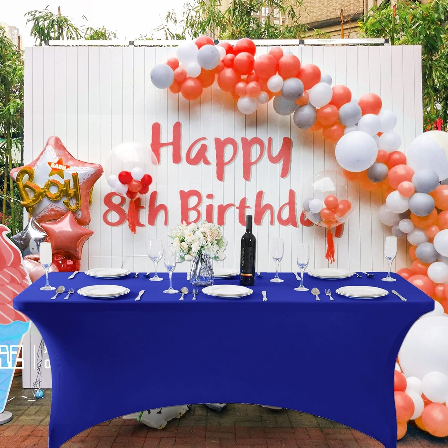 SuperO 2Pack Waterproof Spandex Table Cover for 8FT Table Universal Fitted Stretch Tablecloth for Party, Banquet, Wedding and Events-Royal Blue