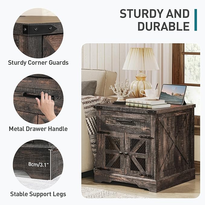 Farmhouse End Table with Charging Station, 24" Large Sofa Side Table with Drawer, Large End Table for Living Room, Wooden Nightstand with Outlet, Square, Dark Rustic Oak