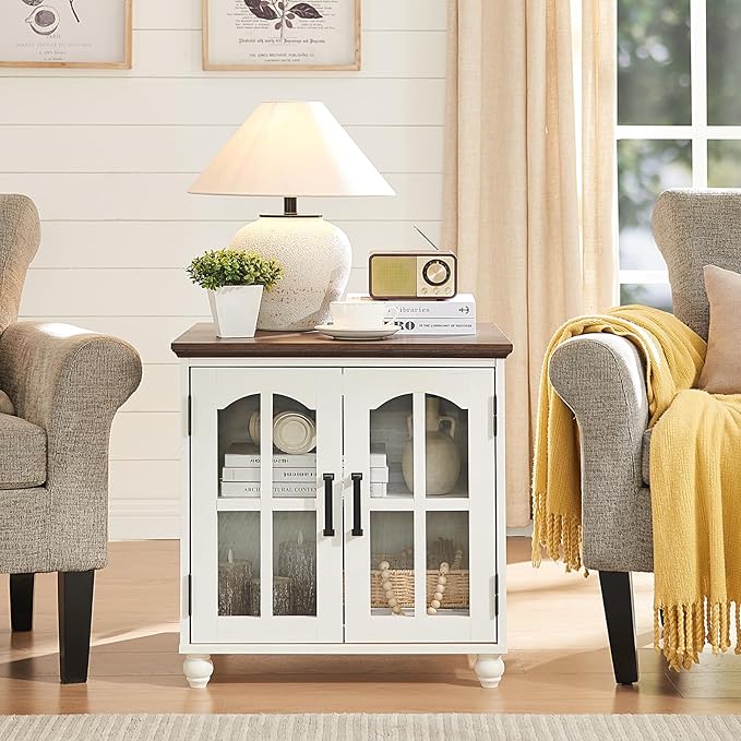 Farmhouse 24" End Table Set of 2 with Charging Station, Large Sofa Side Table with Glass Barn Door,Wood Night Stand with Adjustable Storage Shelf,Square Bedside Table for Living Room,Bedroom