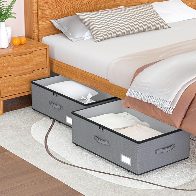 Under Bed Storage with Wheels, No Assemble Required 10 inches height Under Bed Storage bins,Large capacity Rolling Under bed Shoe Storage containers,dorm under bed storage drawers