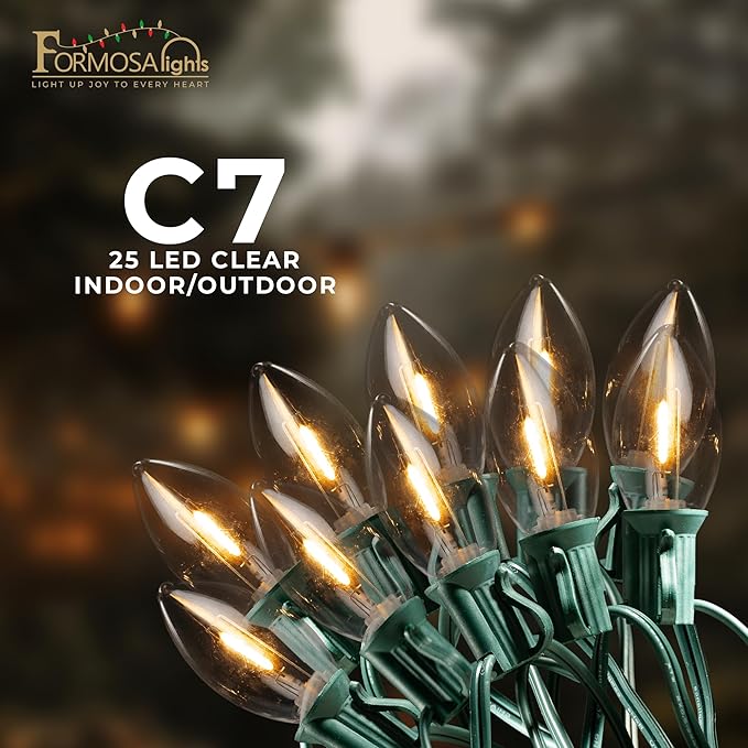 C7 26ft Indoor/Outdoor Clear LED Christmas String Lights with 25 Bulbs and E12 Base | 120V, 0.6W