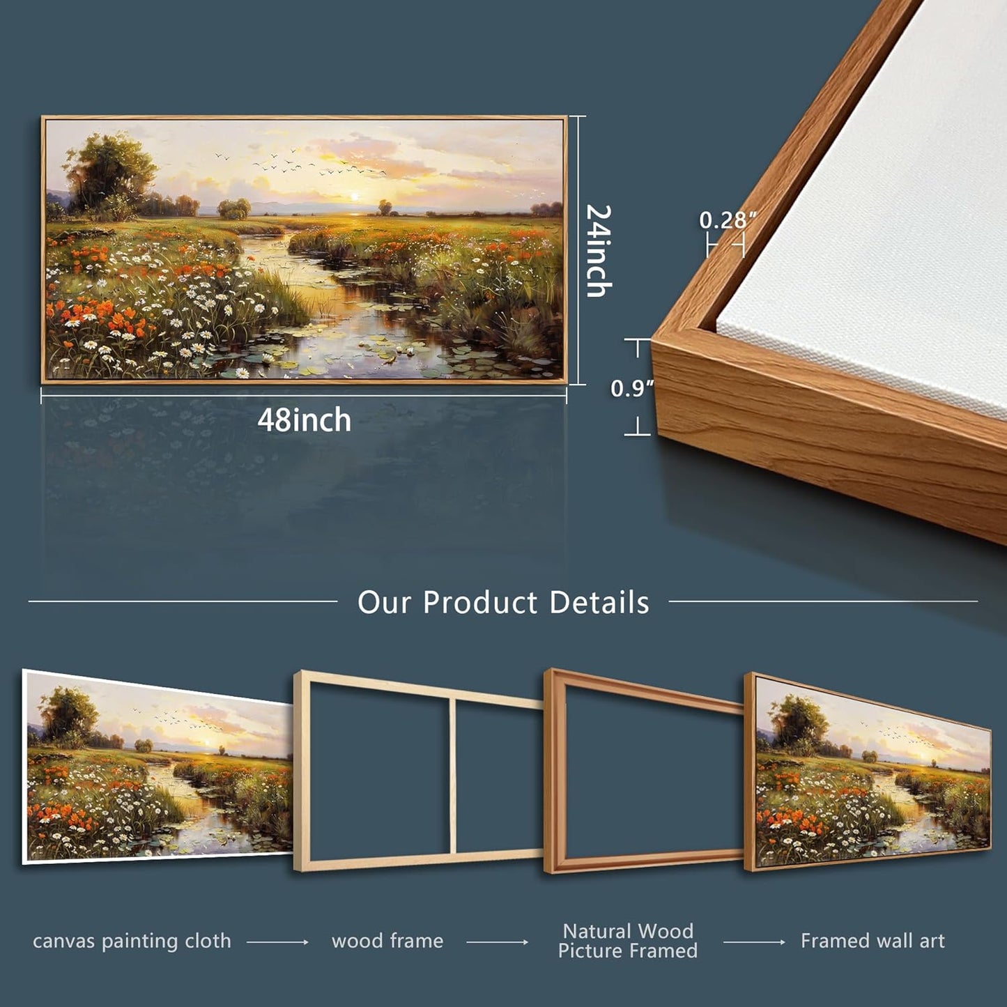 PHAOHUAXM Canvas Wall Art For Living Room Wall Decor For Bedroom Watercolour Painting Office Decoration Countryside Sunrise Scenery Wall Picture Printing Artwork Home Decor Wood Framed 24x48 In