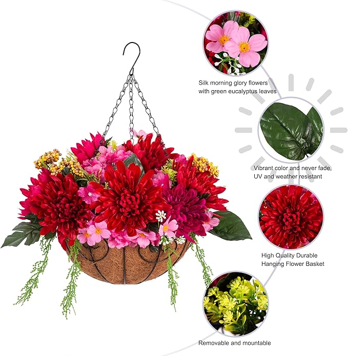 HyeFlora Artificial Fake Hanging Fall Mums Flowers Baskets for Outdoor Decoration, Faux Red Chrysanthemum Silk Red Flower, UV Resistant Realistic for Porch Patio Balcony Yard Summer Autumn Decor