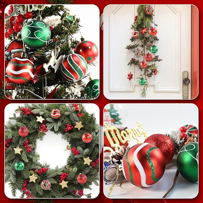 30PCS Christmas Ball Ornaments, 2.36" Red Green Christmas Balls Ornaments for Tree, Shatterproof Xmas Tree Decoration, Painting & Glittering Hanging Ball Baubles