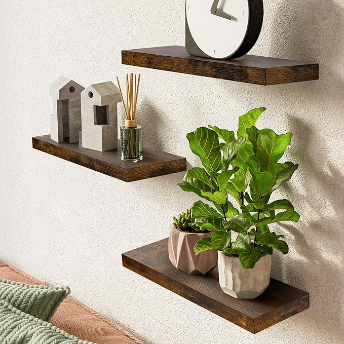 BAYKA Bathroom Floating Shelves for Wall โ Bathroom Shelf Over Toilet Farmhouse Rustic Wood for Bedroom, Kitchen, or Living Room Decor โ Rustic Brown, Set of 3, Sturdy Storage with 22lb Capacity