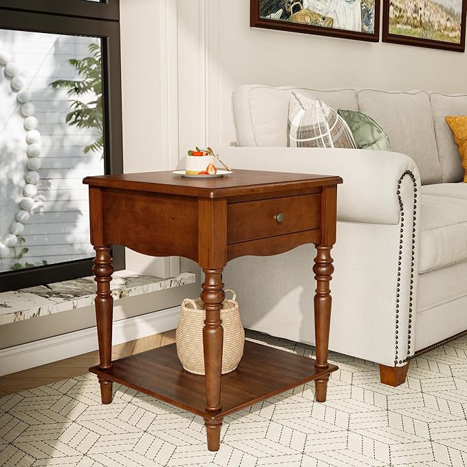 Solid Wood End Table with Drawer and Storage Shelf, Antique Designed Beside Table with Solid Wood Roman Legs, Square Accent Tables with Hand Carved for Living Room, Bedroom Cherry Brown