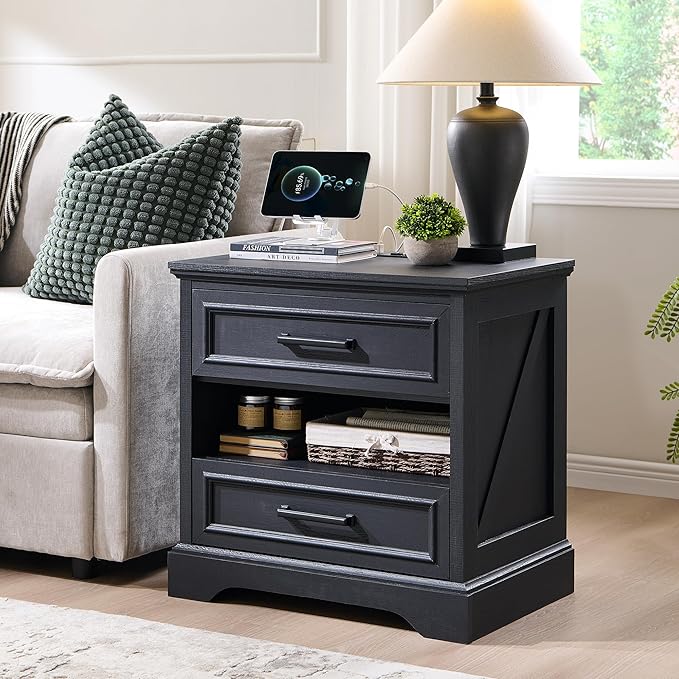 ACCOHOHO 24" Farmhouse Nightstand with Charging Station, 2 Drawers Large Bedside Table with Open Shelf, Rustic End Table for Bedroom - Black
