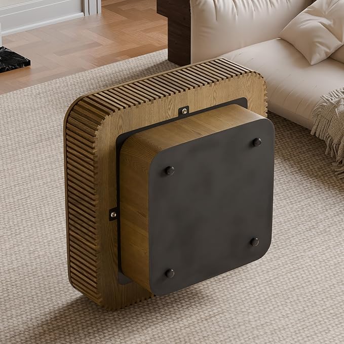31.5" Square Coffee Table with Hidden Storage Compartment, Modern Handcraft Fluted Drum Coffee Table, Wooden Square Center Table Cocktail Tea Table with Sturdy Pedestal for Living Room, Brwon