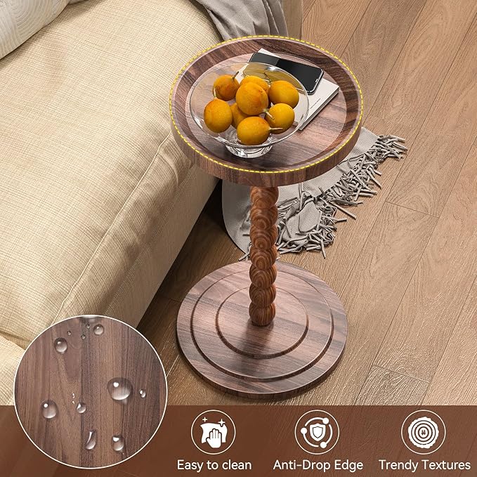 Round Side Table, Small Drink Table for Small Spaces, Martini Table with Raised Edge, Pedestal Side Table for Living Room, Bedroom,Sofa and Couch