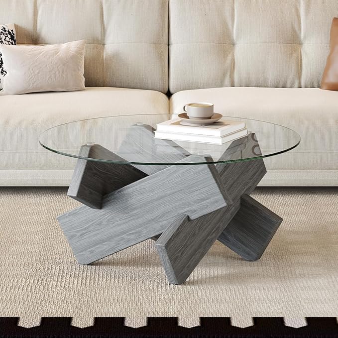 Gray Round Glass Coffee Table,33-Inch Coffee Tables for Living Room Clear Circle Accent Table Adapts to Farmhouse and Contemporary Decor