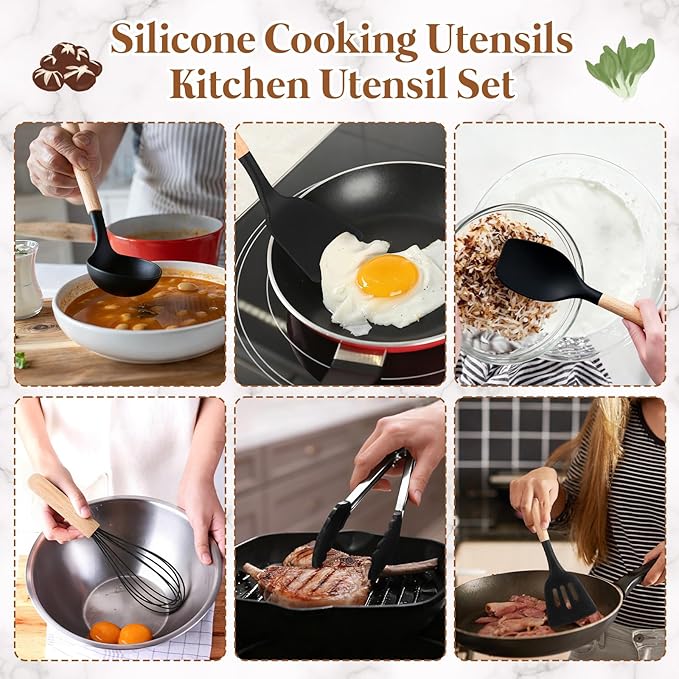 20 Pcs Pots and Pans with Silicone Kitchen Utensils Set Non Stick Cookware Granite Cooking Kitchen Spatula Set with Holder(Black)