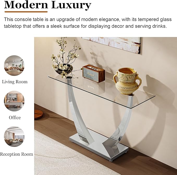 47" Glass Console Table, Modern Rectangular Sofa Table with Tempered Glass Top and Silver Horn-Shaped Stainless Steel Base for Living Room, Entryway, Hallway