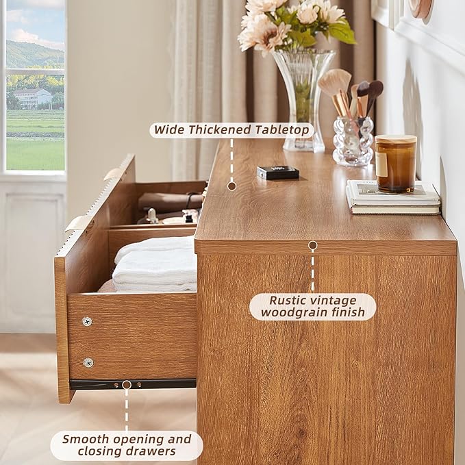 LEYAOYAO Fluted 6 Drawers Dresser, 48" Wide Modern Chest of Drawers with Wood Grain Top, Curved Profile Design, Dresser TV Stand, Wood Drawer Organizer for Bedroom, Living Room, Hallway,Brown