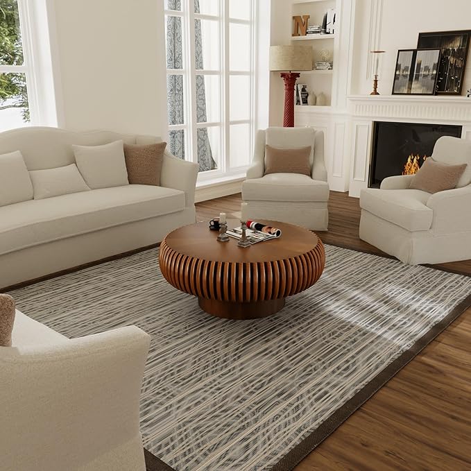 31.5" Drum Coffee Table Modern Unique Fluted Tea Table Contemporary Wood Round Coffee Table with Fluted Centry Table for Living Room Walnut (31.5" Walnut)