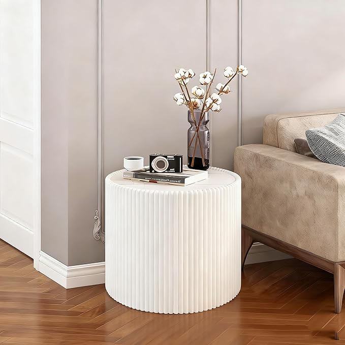 17.71" White Round Coffee Table, Drum Coffee Table with Sintered Stone Tabletop and Fluted PU Leather Covered and Stable Base, Circle Cocktail Tea Table for Living Room