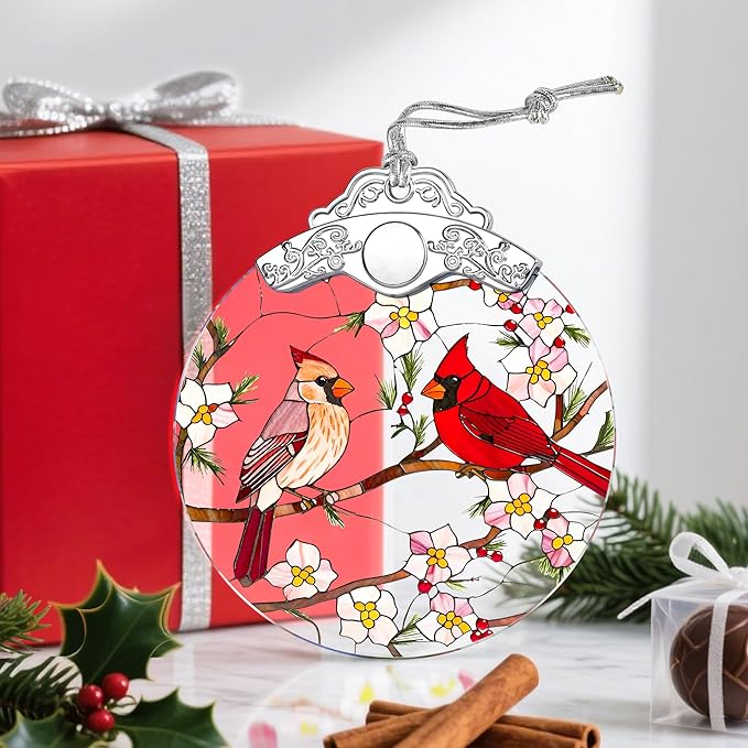 Stained Glass Ornament, Cardinal Christmas Ornaments, Christmas Tree Ornaments, Holiday Ornament & Festive Home Decor, Exquisite Party Gifts for Bird Lovers & Cardinal Gifts