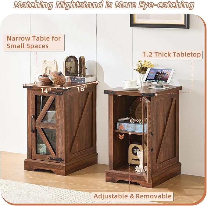Narrow Night Stand for Small Spaces, Farmhouse Side End Table with Glass Barn Door Storage, Wood Bedside Tables, Retro Nightstand Cabinet Organizer for Living Room Bedroom