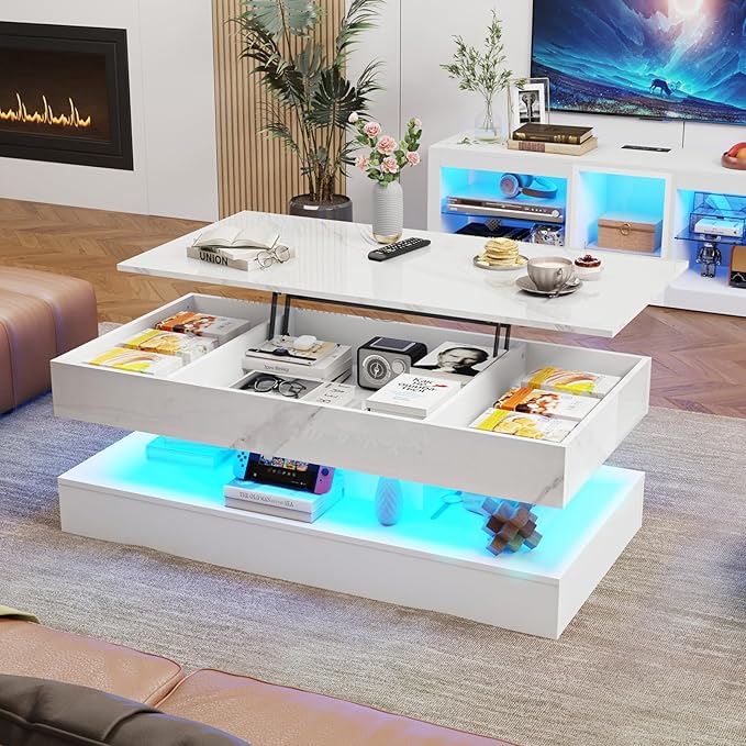 47.2" Large Lift Top Coffee Table with Charging Station, LED Modern High Glossy Center Table with Hidden Compartment Storage, White Lift Living Room Tables with Marbling Print, White