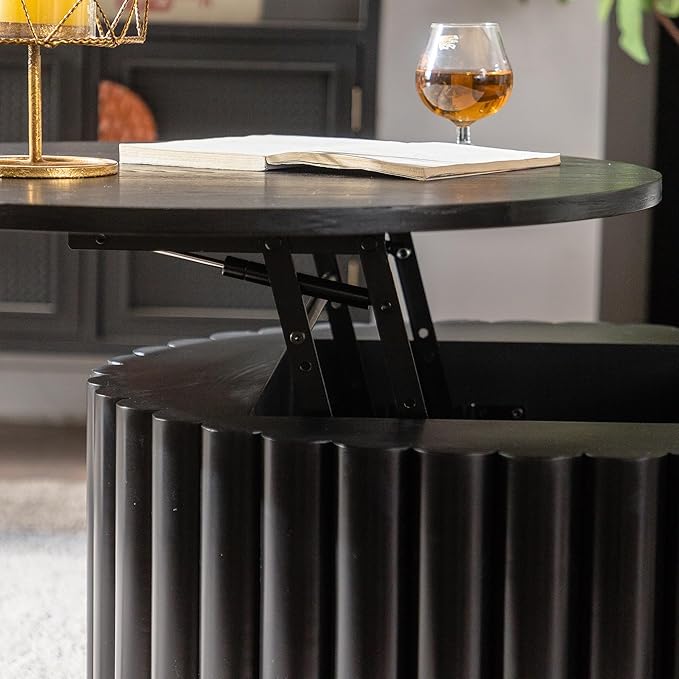 27.56" Round Lift-Top Coffee Table, Modern Fluted Tea Table with Hidden Storage for Living Room, Apartment or Office, Black