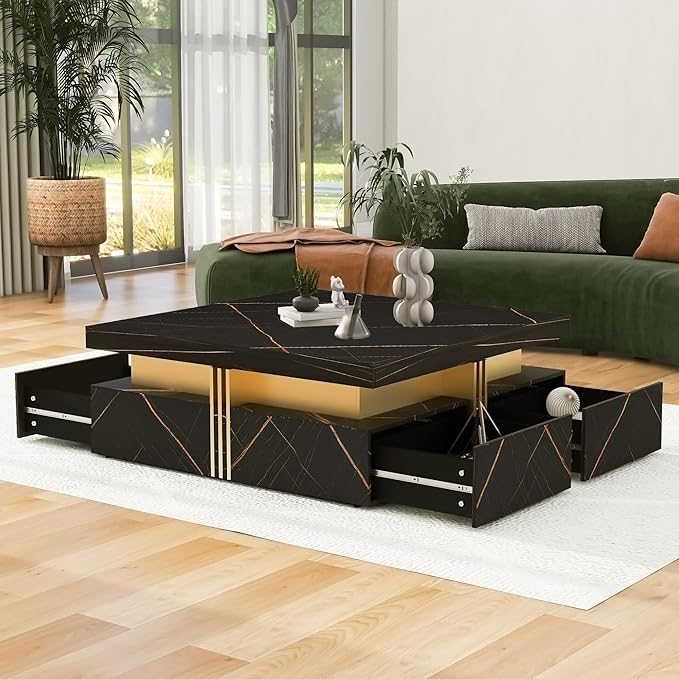 Merax 43.3" Modern Square Storage Coffee Table with 4 Drawers, with Marbling Gold Accents, Functional Center Tables for Living Room Apartment, Black
