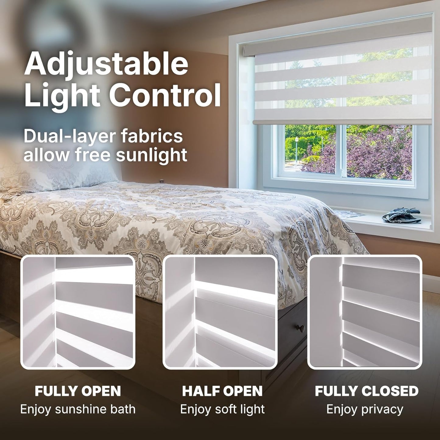 HESTIA Cordless Zebra Blinds Light Filtering Roller Shades UV Blocking Blackout Privacy Indoor Window Shades for Home Office Day and Night, Brown,43" W x 48" H