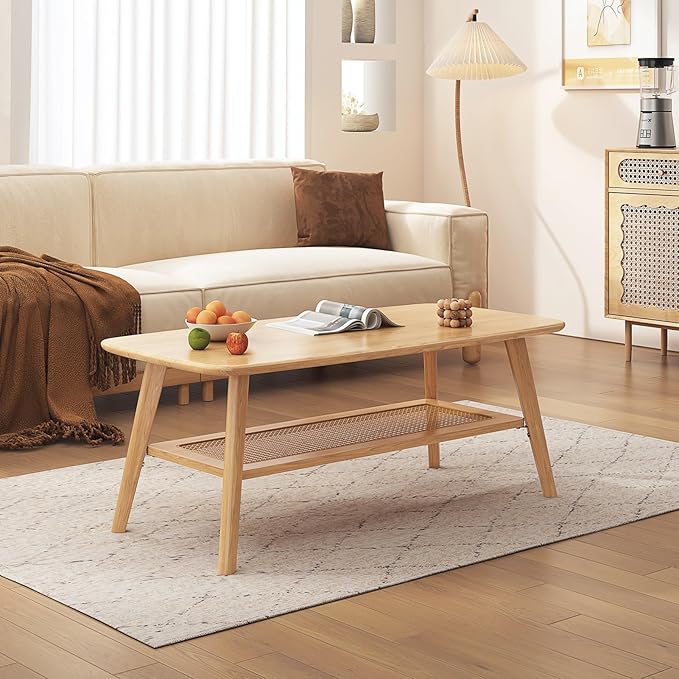 Coffee Table Small Solid Wood Center Table Mid Century Vintage Living Room Coffee Table, Original Rattan 39.37 Inch