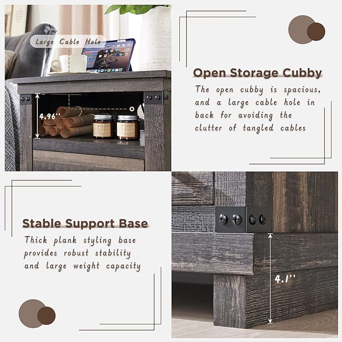 RedLemon Farmhouse Nightstand Set of 2 with Charging Station, 18" Rustic Night Stand with 2 Storage Drawers, Wood End Table for Bedroom, Living Room, Dark Rustic Oak