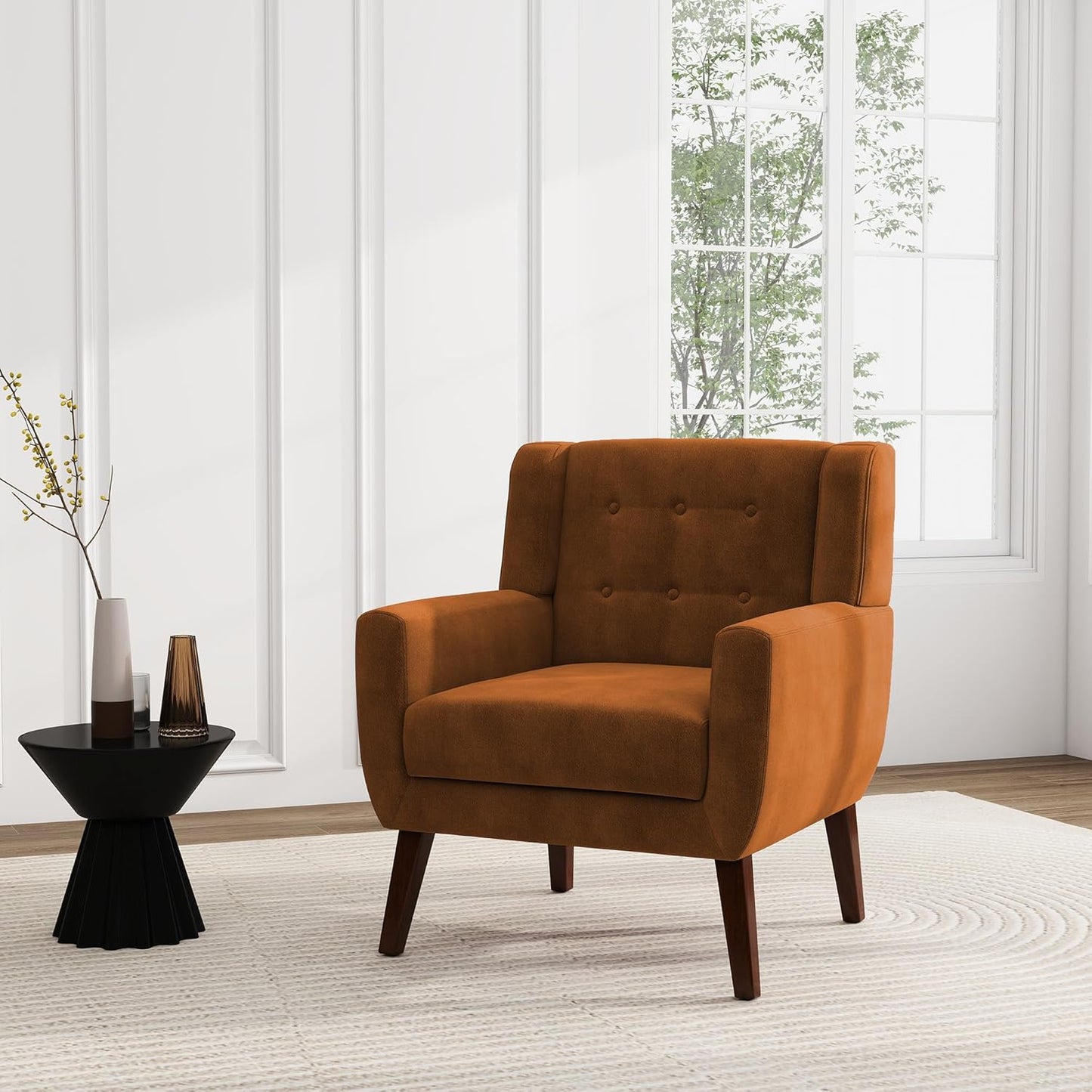 UIXE Accent Chair, Velvet Upholstered Armchair for Living Room, Modern Club Arm Chairs Comfy Single Sofa Button Tufted Bedroom Reading Seat - Orange, Set of 4