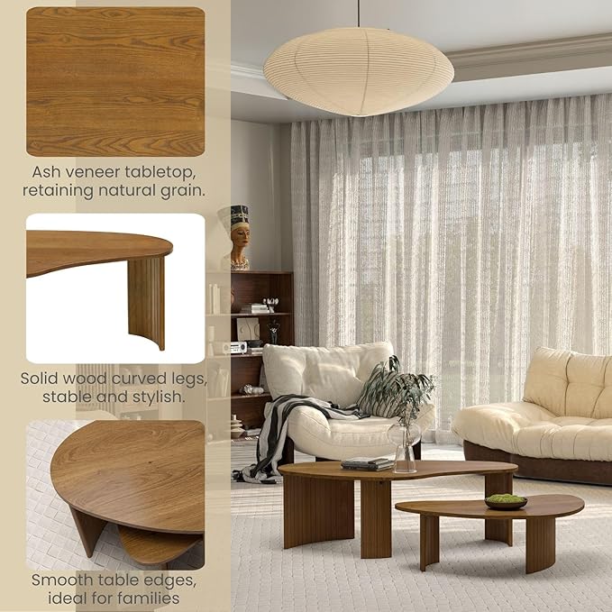 Mid Century Modern Coffee Table Set of 2, Nesting Coffee Tables with Wood Grain Veener, Fluted End Table for Living Room, Farmhouse, Walnut