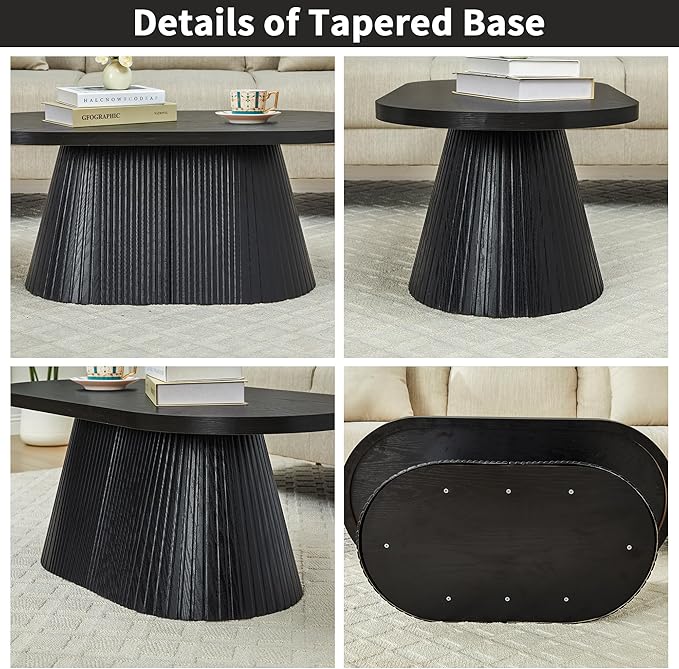 Fluted Coffee Table with Sturdy Tapered Base, Wood Oval Small Coffee Table, Mid Century Modern Center Table for Living Room Office (Black 1)