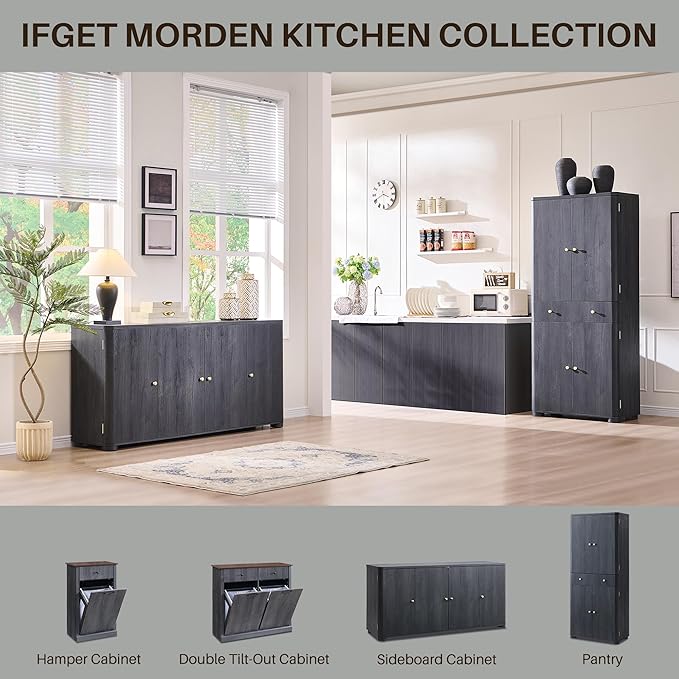 71" Tall Kitchen Pantry, Modern Curved Pantry Storage Cabinet with 4 Doors and 6 Adjustable Shelves, Cupboard for Kitchen, Dining Room, Living Room and Bathroom, Dark Grey