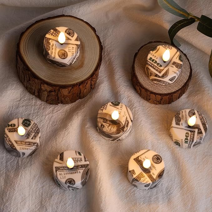 Eywamage Flameless Tealights with Remote Batteries, Dollar Pattern Flickering LED Tea Votive Candles Set of 12