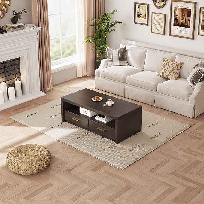Coffee Table with Storage, 4 Storage Drawers Mid-Century Modern Rectangular Center Table, Retro Tea Table with Open Display Area for Bedroom, Living Room