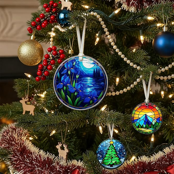 Christmas Ornaments 2025, Stained Glass Christmas Tree Decorations, Exchange for Women, Men, Collectible Dated Year Ornaments for Tree - Glass Hanging Ornamen(Flowers)