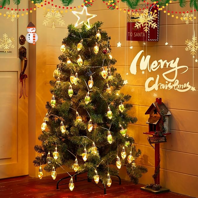 Vintage-Christmas-Lights-Indoor-String-Lights, 7.5Ft C9 Christmas Snow Globe String Lights with Tree & Snow & Cute Ornaments, 8 Modes Battery Operated Lights for Tree Garland Fireplace Xmas Decor