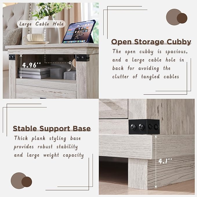 RedLemon Farmhouse Nightstand with Charging Station, 18" Rustic Night Stand with 2 Storage Drawers, Wood End Table for Bedroom, Living Room, Antique Brush White