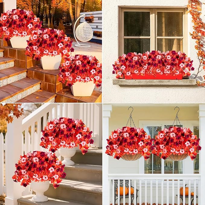 Artificial Fall Fake Flowers Plants for Outdoor Decoration 2PCS No Fade Faux Petunias UV Resistant Realistic Autumn Silk Flowers for Home Garden Balcony Yard Porch Deco (Dark Red)