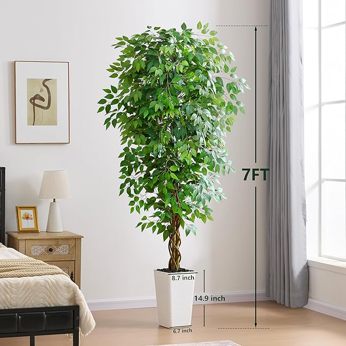 Artificial Ficus Tree 7FT Faux Floor Tree with Planter UV Resistant Potted Fake Silk Plant, Real Wood Trunk-Indoor Outdoor Lifelike Fake Ficus Tree for Home, Living Room Bedroom Topiary Tree