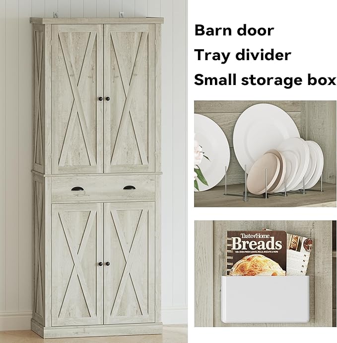 IRONCK Kitchen Pantry Storage Cabinet 83.9" H, with Barn Doors, Drawer, 4 Adjustable Shelves, Freestanding Cupboard for Dining Room Living Room, Laundry, Rustic Maple