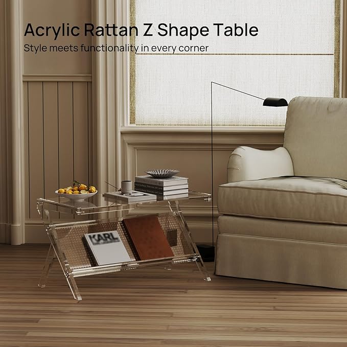 HMYHUM Acrylic Coffee Table for Living Room, Clear Unique Rattan Center Table, Rectangle Tea Table for Bedroom Office Reception Room, 31.5" L × 15.75" W × 17.72" H, Modern, Easy Assembly