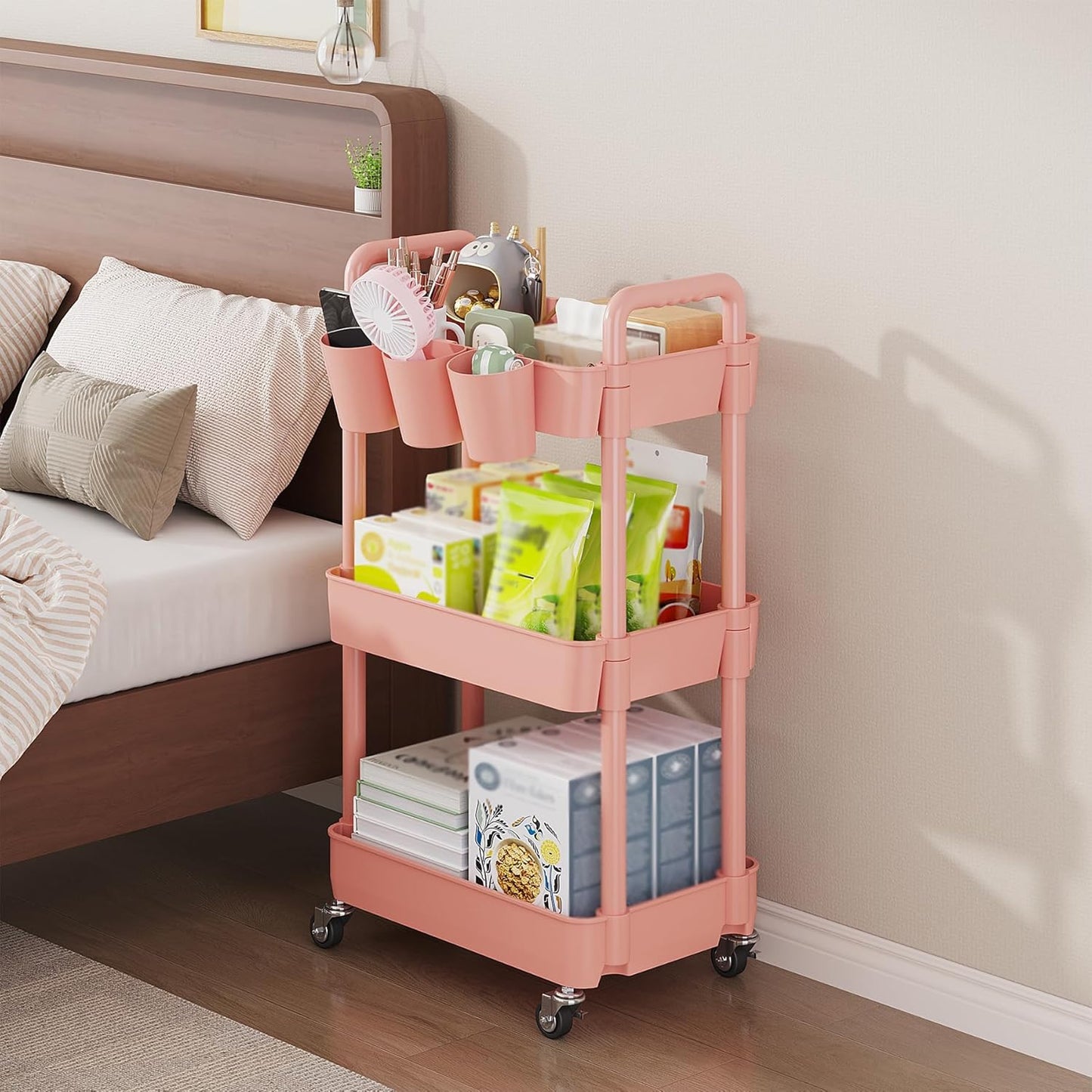 UDEAR 3-Tier Rolling Utility Cart,Multifunctional Storage Shelves with Handle and Lockable Wheels for Room,Office,Kitchen,Bathroom,with 3 Hanging Cups,Pink